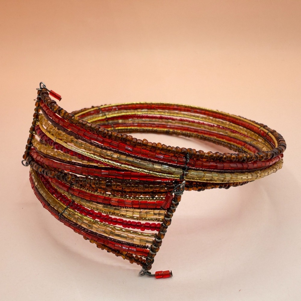 Boho Red Gold Brown Beaded Cuff Bracelet Wide Multi Strand Statement Jewelry